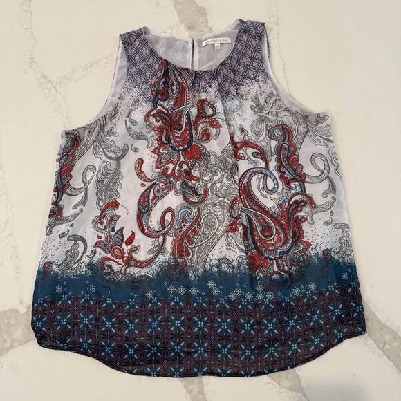 Daniel Rainn Paisley Layered Pleated Sleeveless Blouse Womens Large BlueRed Boho - Picture 1 of 7